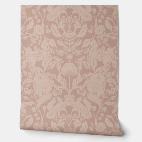 Dusty Pink Woodland Block Print Damask Wallpaper