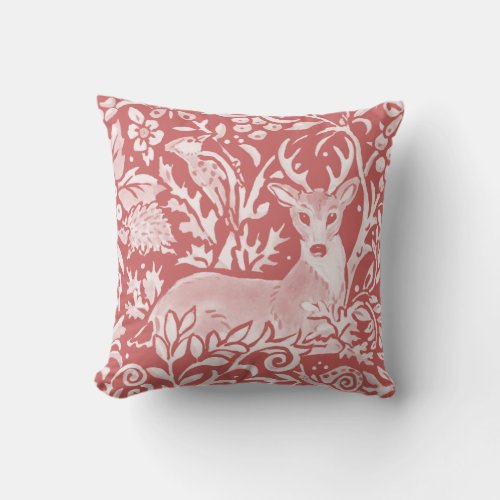 Dusty Pink Woodland Deer Floral Nature  Throw Pillow
