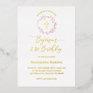 dusty pink wreath Baptism and 1st Birthday Foil Invitation