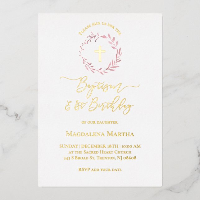 dusty pink wreath Baptism and 1st Birthday Foil Invitation (Front)