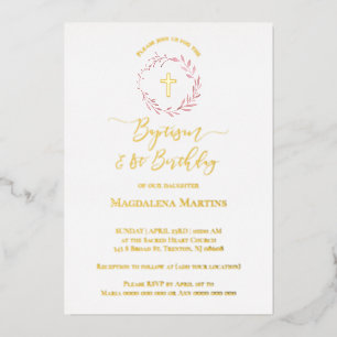 dusty pink wreath Baptism and 1st Birthday Foil Invitation
