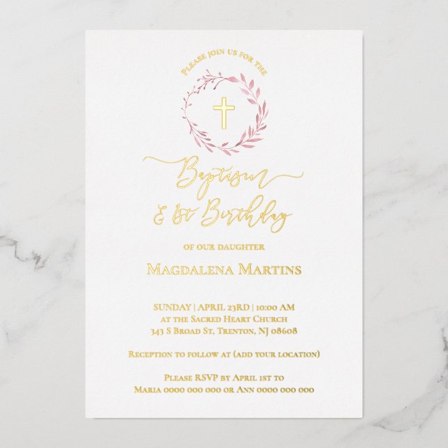 dusty pink wreath Baptism and 1st Birthday Foil Invitation (Front)