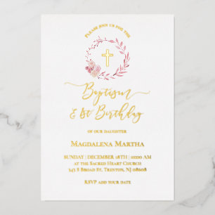 dusty pink wreath Baptism and 1st Birthday Foil Invitation