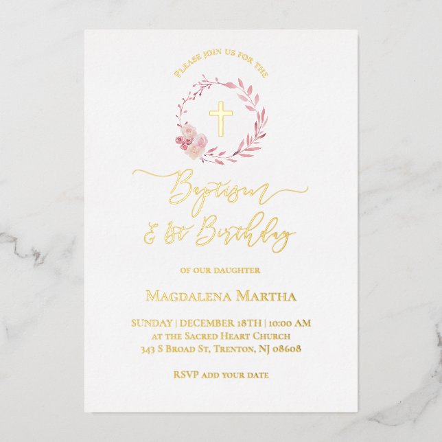 dusty pink wreath | Baptism and 1st Birthday Foil Invitation (Front)