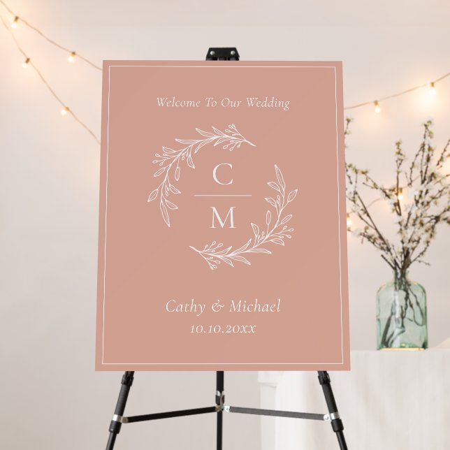 Dusty pink wreath initials wedding welcome sign (In Situ (Stand))