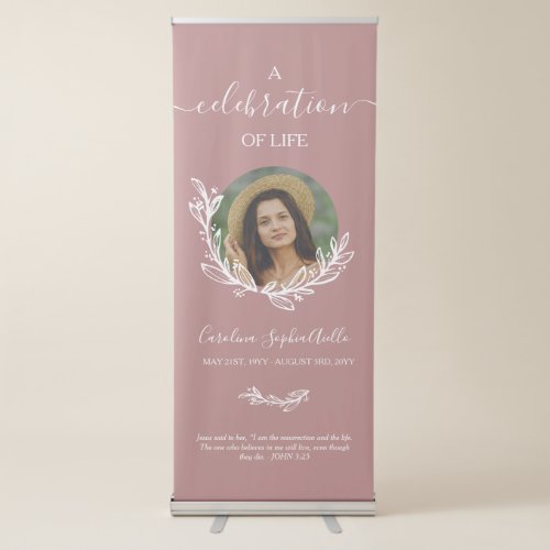 Dusty Pink Wreath Photo Celebration Life Funeral Retractable Banner