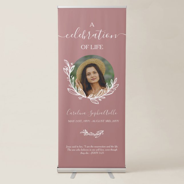 Dusty Pink Wreath Photo Celebration Life Funeral Retractable Banner (Front)