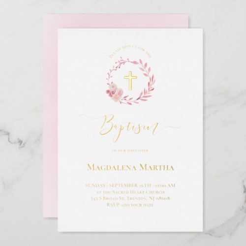 dusty pink wreath watercolor Baptism Invitation Foil Invitation