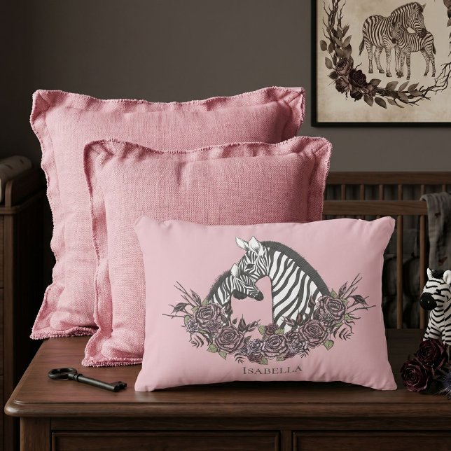 Dusty Pink Zebra Hand-Drawn Accent Pillow (Light mauve hand-drawn zebra mama and baby with moody roses for alternative soft gothic baby nursery)