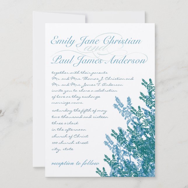 Dusty Placid Blue and Teal Wild Flower Wedding Invitation (Front)