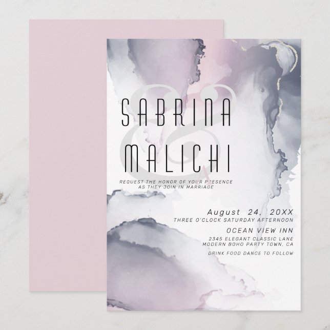 Dusty Plum Blush Pewter Fluid Alcohol Ink Invitati Invitation (Front/Back)