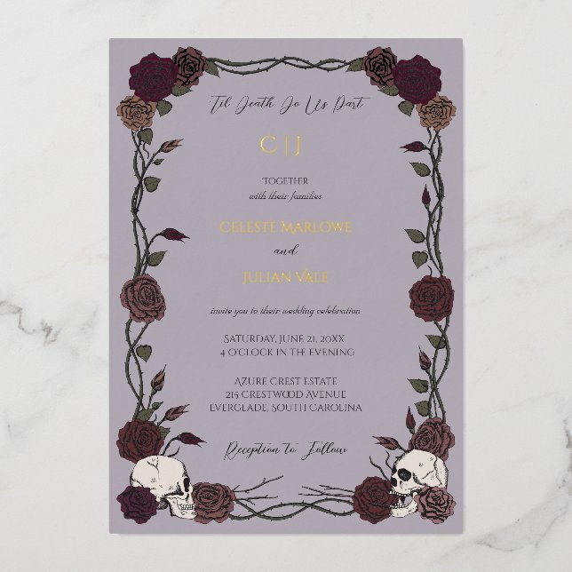 Dusty Plum Gothic Til Death Wedding Foil Invitation (Front)