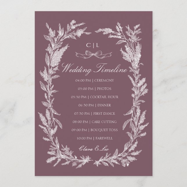 Dusty Plum Line Art Botanical Wedding Timeline Program (Front)