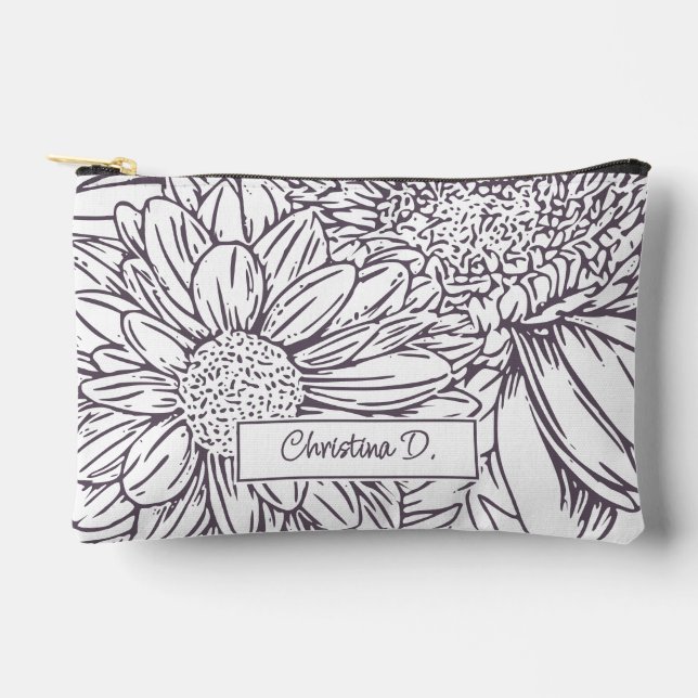 Dusty Plum on White Chrysanthemums with Name Accessory Pouch (Front)