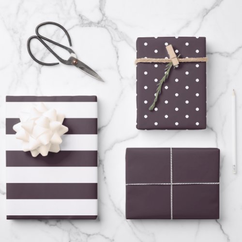 Dusty Plum Polka Dot Wide Striped and Solid Wrapping Paper Sheets