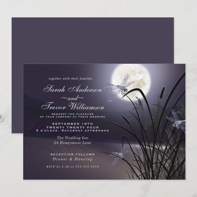 Dusty Plum Wedding Full Moon Dragonfly Pond Invitation (Front/Back)