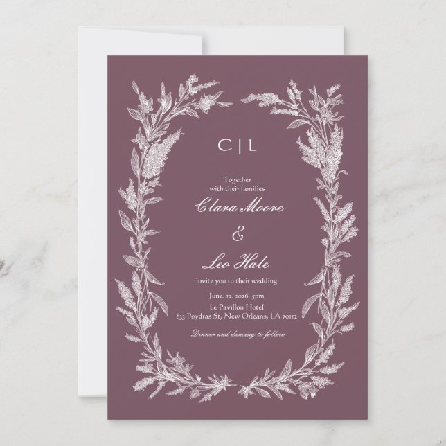 Dusty Plum White Line Art Botanical Wedding Invitation (Front)