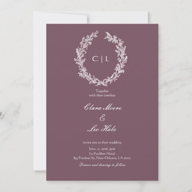 Dusty Plum White Line Art Botanical Wedding Invitation (Front)