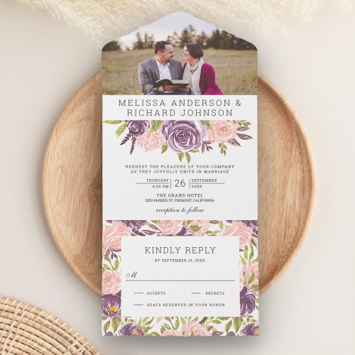 Dusty Purple and Blush Pink Floral Wedding Photo All In One Invitation