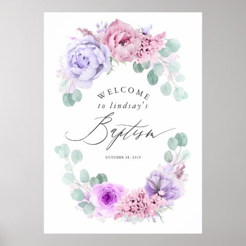 Dusty Purple and Pink Floral Baptism Welcome Sign