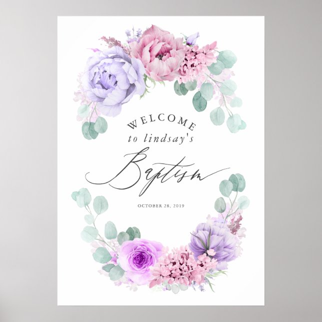 Dusty Purple and Pink Floral Baptism Welcome Sign (Front)
