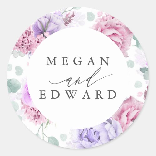 Dusty Purple and Pink Floral Botanical Wedding Classic Round Sticker
