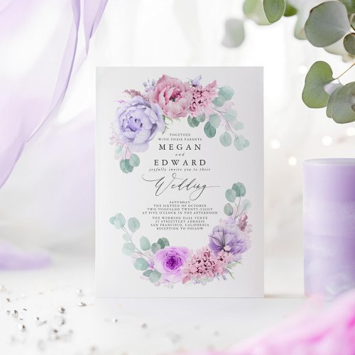 Dusty Purple and Pink Floral Elegant Boho Wedding Invitation