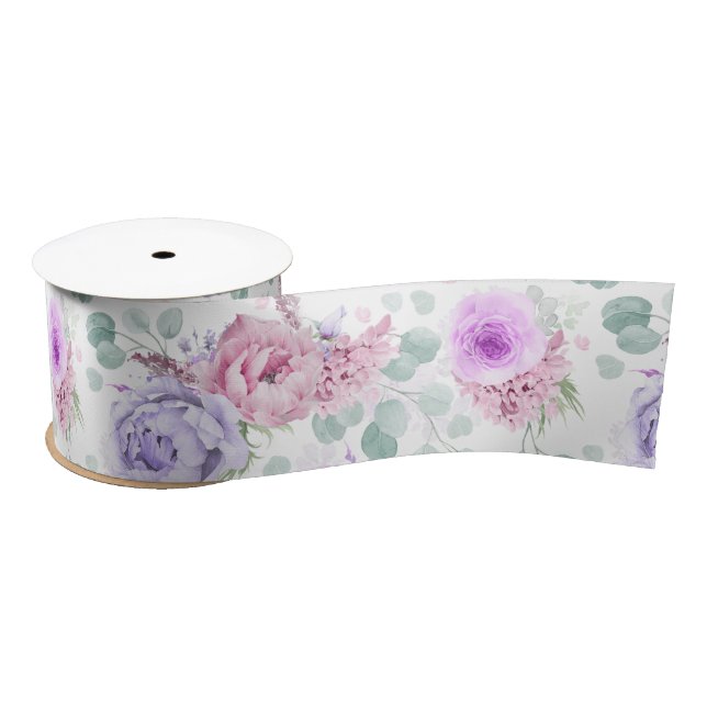 Dusty Purple and Pink Floral Elegant Botanical Satin Ribbon (Spool)