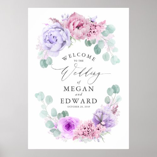 Dusty Purple and Pink Floral Wedding Welcome Poster