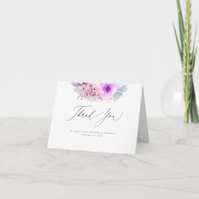 Dusty Purple and Pink Flowers Elegant Thank You Card (Front)