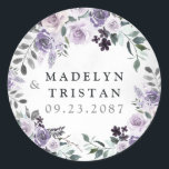 Dusty Purple and Silver Gray Floral Rustic Wedding Classic Round Sticker<br><div class="desc">Design features elegant watercolor floral elements in various shades of dusty purples,  dark plum and more. Design also features various types of rustic greenery and branches with subtle silver gray watercolor splashes for added style.</div>
