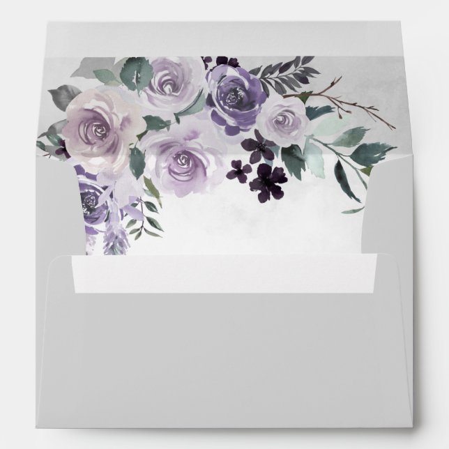 Dusty Purple and Silver Gray Floral Rustic Wedding Envelope (Back (Bottom))