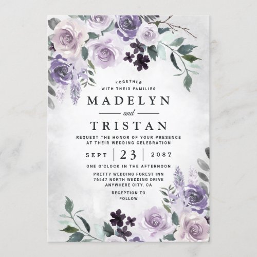 Dusty Purple and Silver Gray Floral Rustic Wedding Invitation