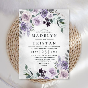 Dusty Purple and Silver Gray Floral Rustic Wedding Invitation