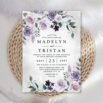 Dusty Purple And Silver Gray Floral Rustic Wedding Invitation by RusticWeddings at Zazzle