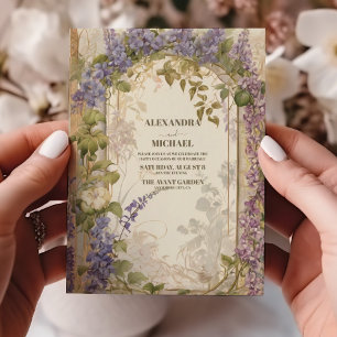 Dusty Purple and Silver Gray Floral Rustic Wedding Invitation