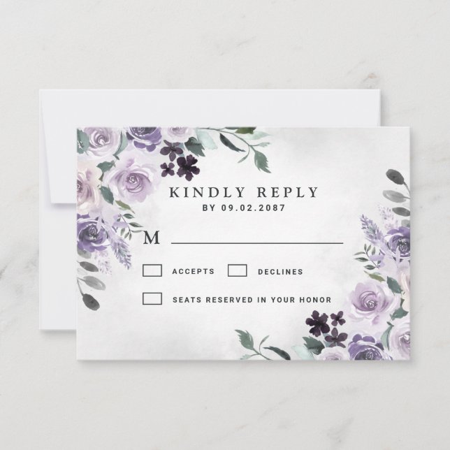 Dusty Purple and Silver Gray Floral Rustic Wedding RSVP Card (Front)