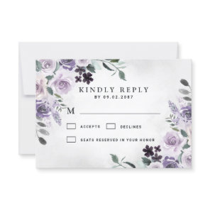 Dusty Purple and Silver Gray Floral Rustic Wedding RSVP Card