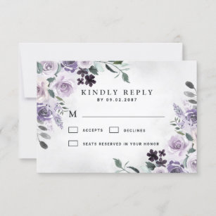 Dusty Purple and Silver Gray Floral Rustic Wedding RSVP Card