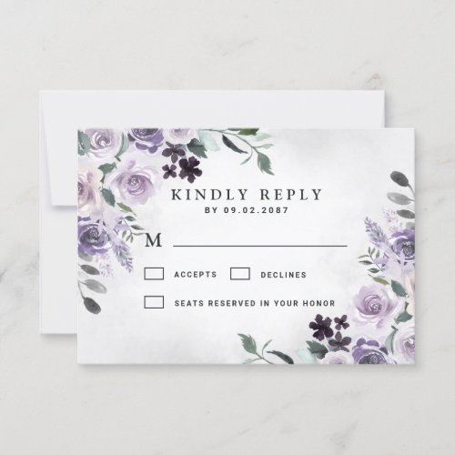 Dusty Purple and Silver Gray Floral Rustic Wedding RSVP Card