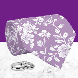 Dusty Purple and White Chinoiserie Floral  Neck Tie