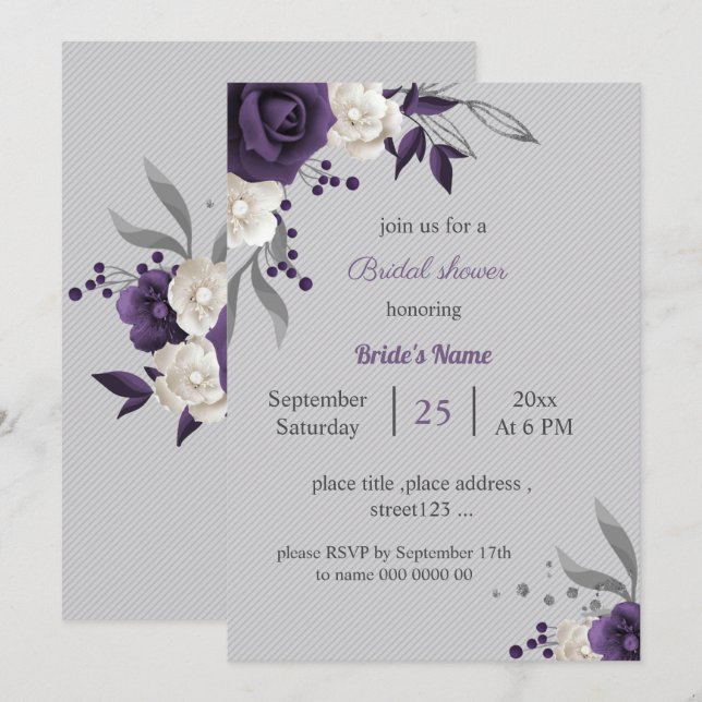 dusty purple and white flowers gray bridal shower invitation (Front/Back)