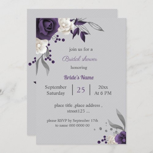 dusty purple and white flowers gray bridal shower invitation