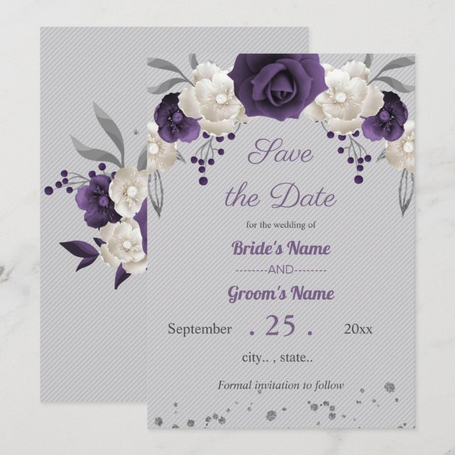 dusty purple and white flowers gray  save the date invitation (Front/Back)