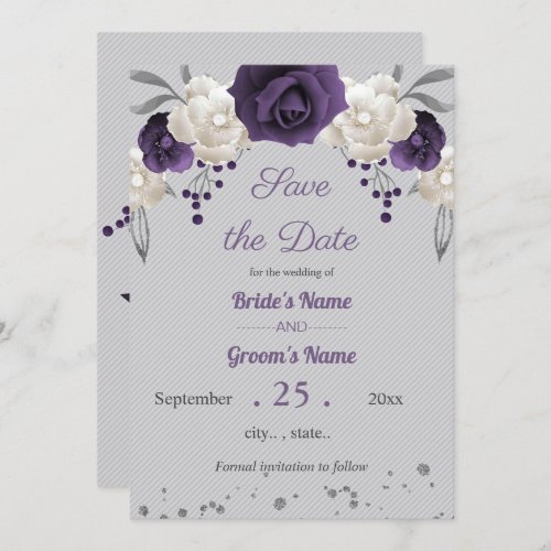 dusty purple and white flowers gray  save the date invitation