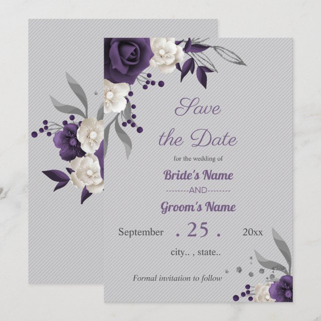 dusty purple and white flowers gray save the date invitation (Front/Back)