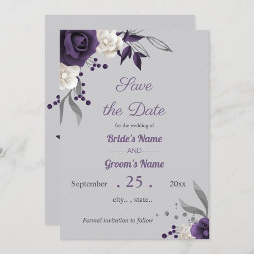 dusty purple and white flowers gray save the date invitation