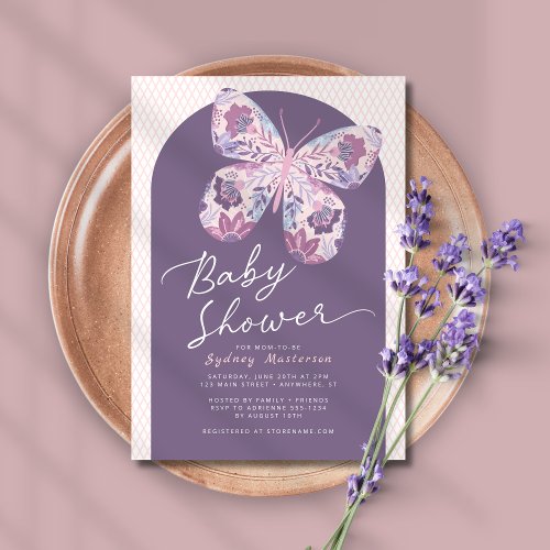 Dusty Purple Arch Butterfly Baby Shower Invitation