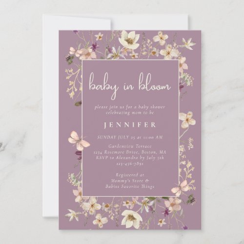 Dusty Purple Baby In Bloom Wildflower Baby Shower  Invitation