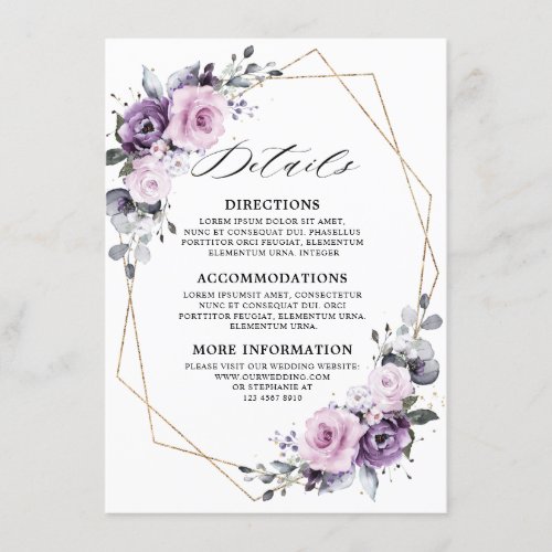 Dusty Purple Blooms Geometric Wedding Details Enclosure Card